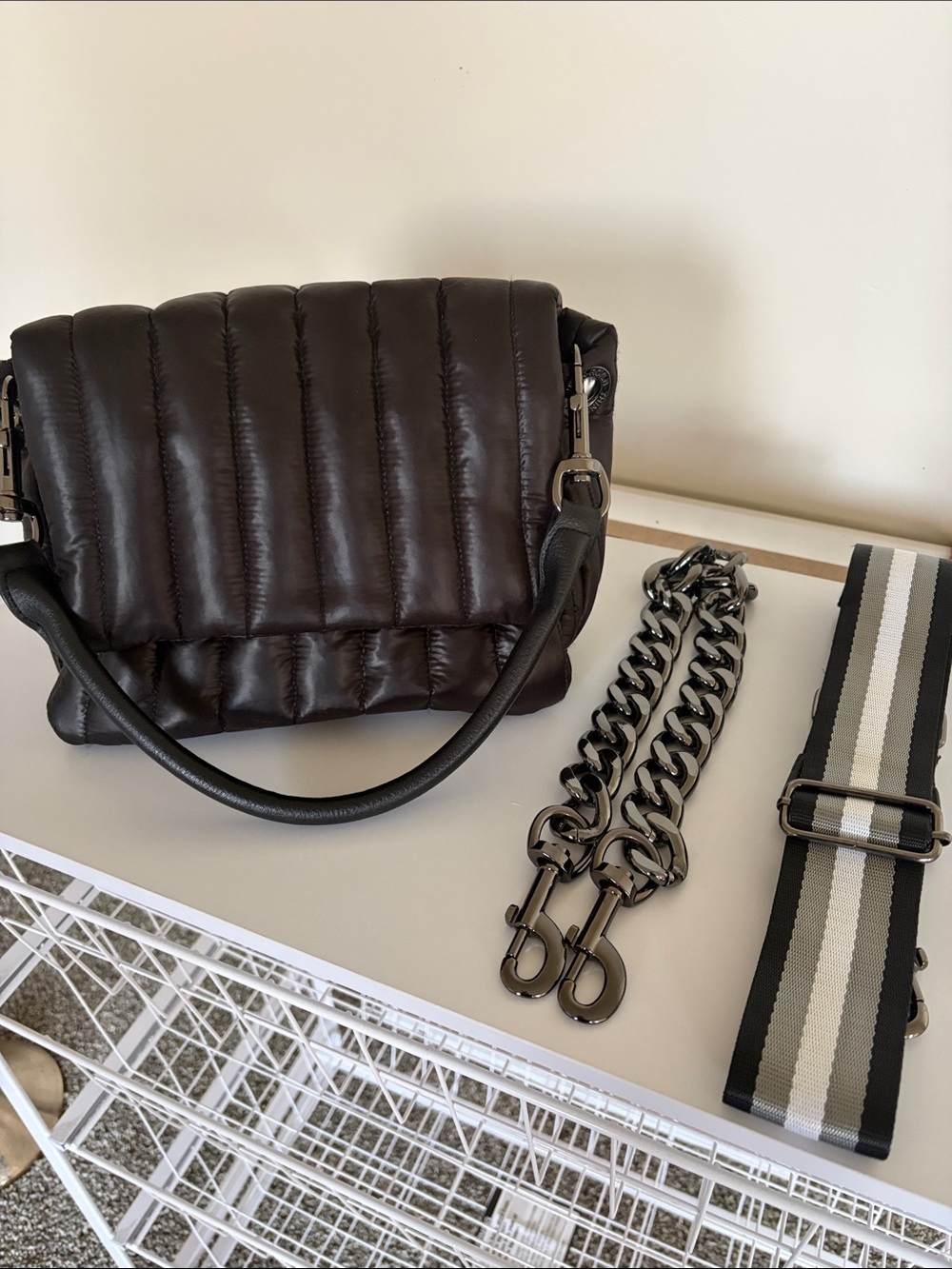 THINK ROYLN Quilted Black Shoulder Bag with Chain and Striped Strap